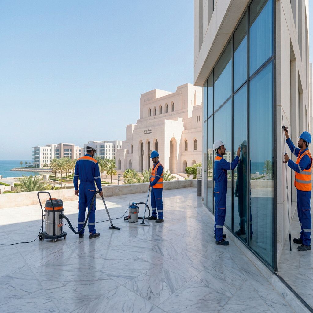 Tarmeem team cleaning marble floors and the glass facade of a white Omani building with modern equipment